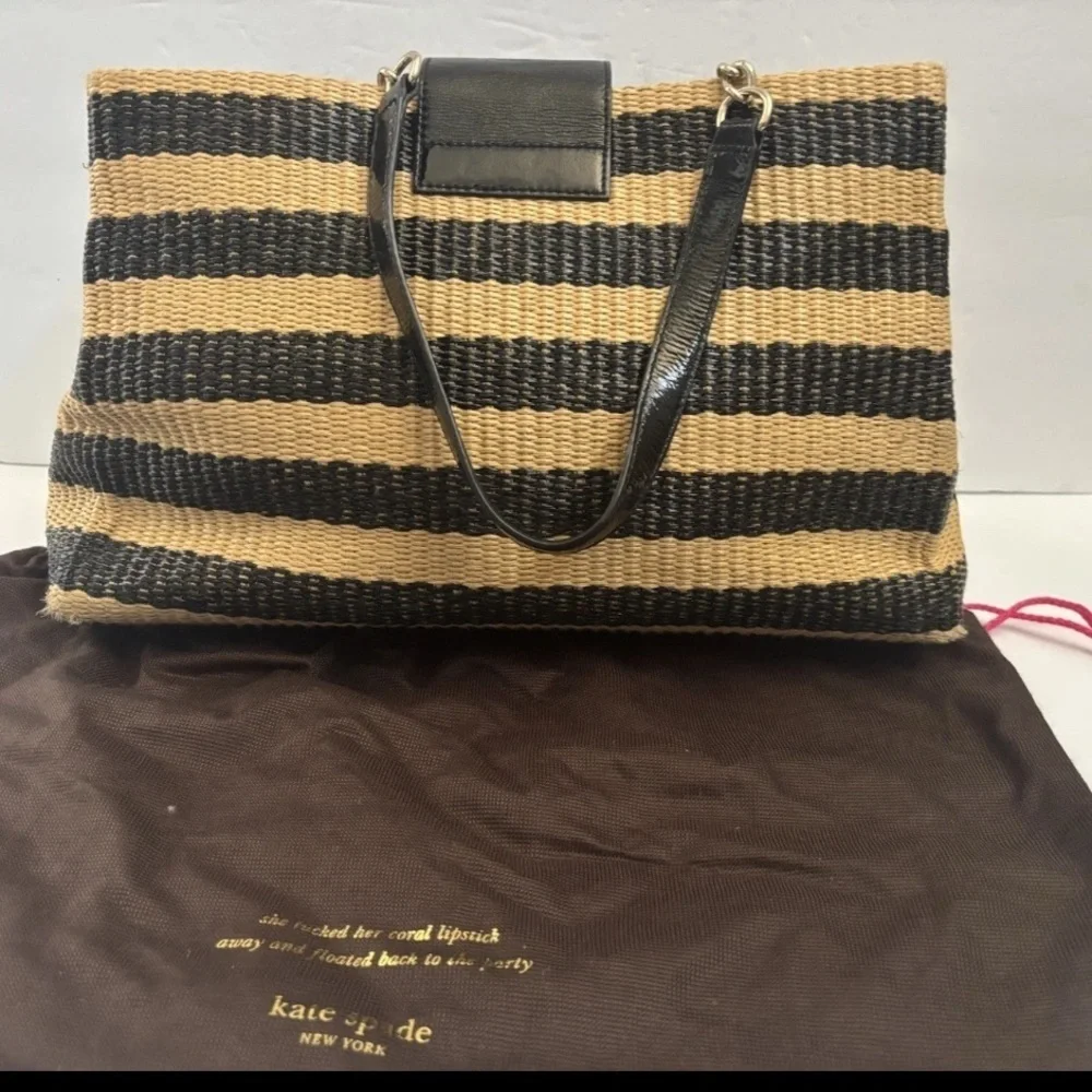 Kate spade Handbag Satchel Straw Leather Shoulder Bag Black Camel Striped